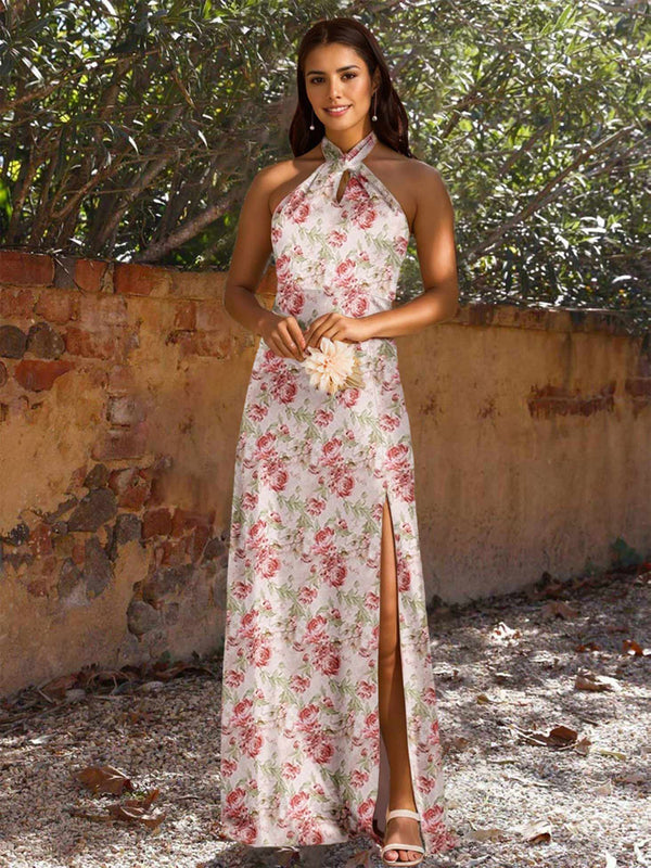 Sheath/Column Criss Cross Sleeveless Printed Floral Long Bridesmaid Dresses with Split Side