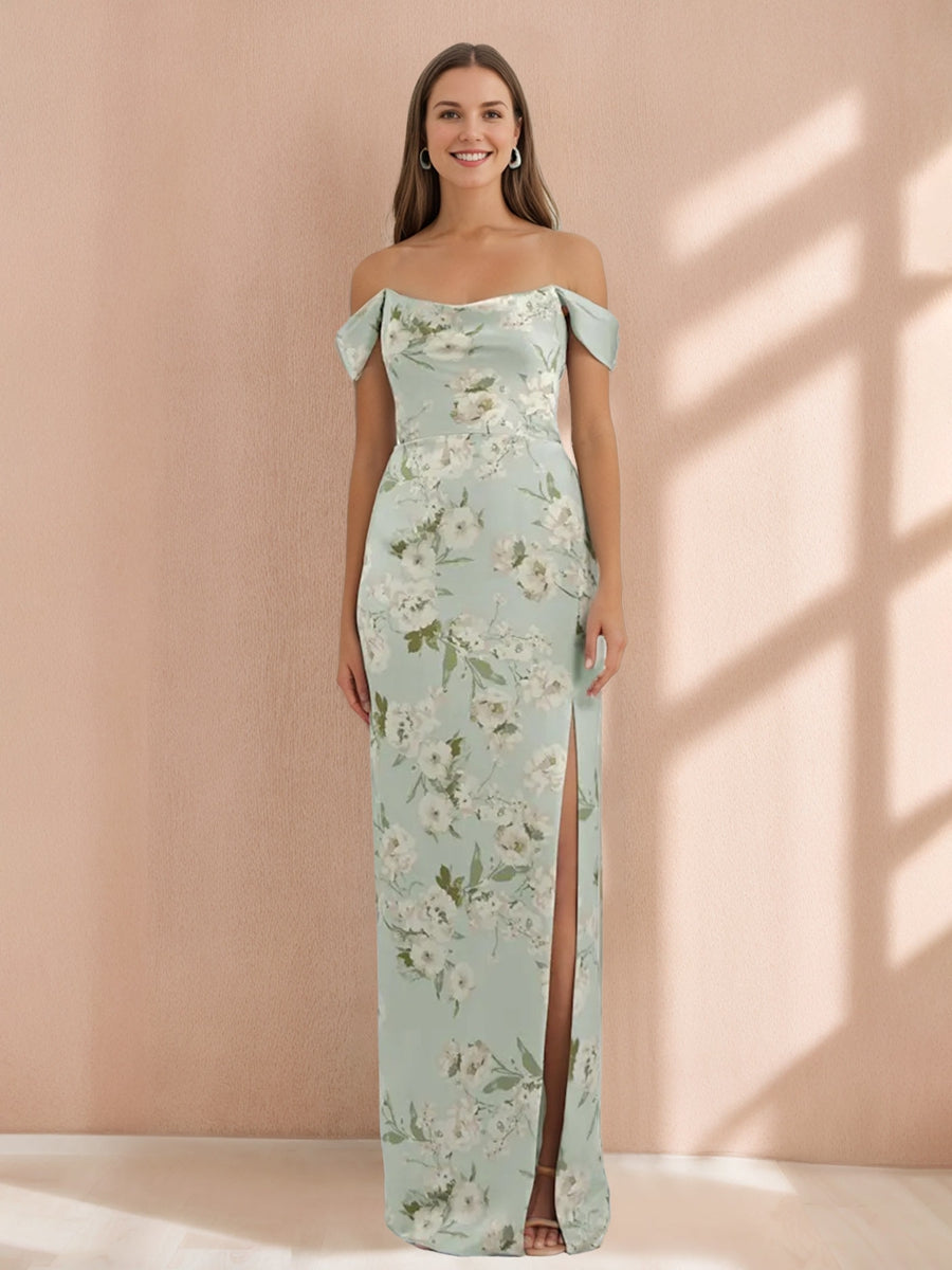 Floral Off-the-Shoulder Bridesmaid Dresses 2026 Sheath/Column Off-the-Shoulder Sleeveless Formal Guest Evening Ball Gowns with Split Side