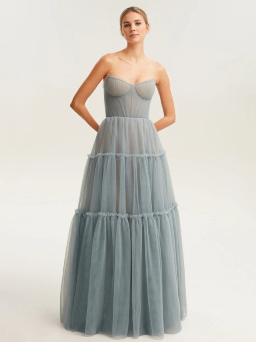 Tulle Prom Ball Gowns A-Line/Princess Sweetheart Sleeveless Floor-Length Pleated Bridesmaid Dresses with Lace-Up