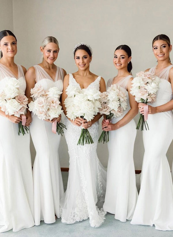 Trumpet/Mermaid V-Neck Sleeveless Sweep Train Ruched Bridesmaid Dresses with Sash