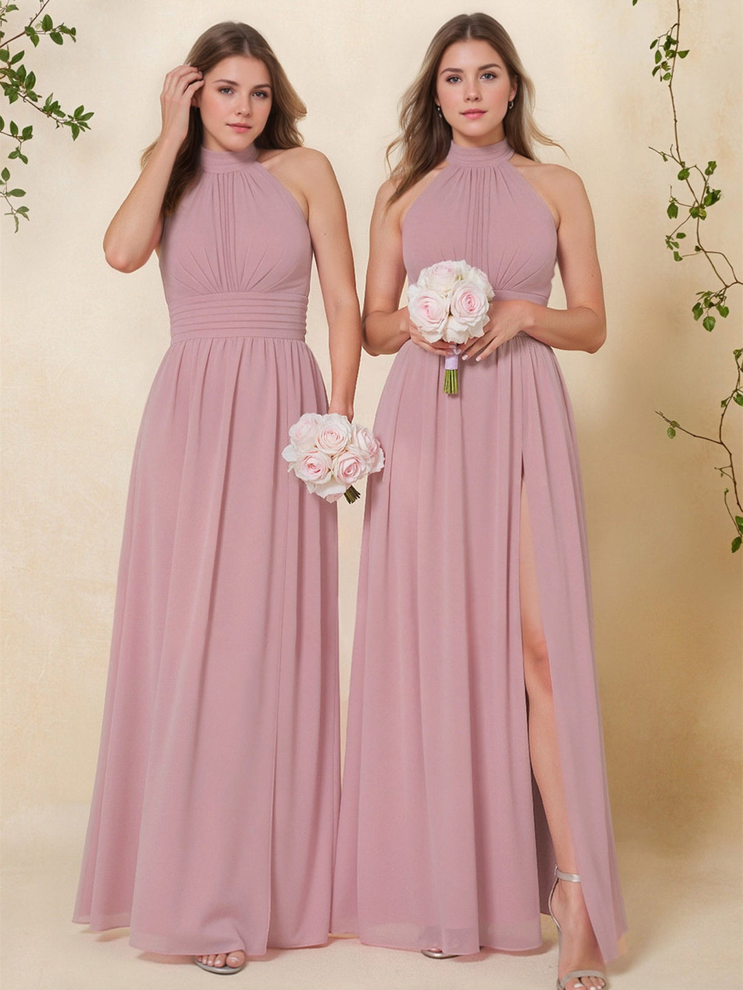 A-Line/Princess High Neck Sleeveless Ruched Floor-Length Pleated Bride