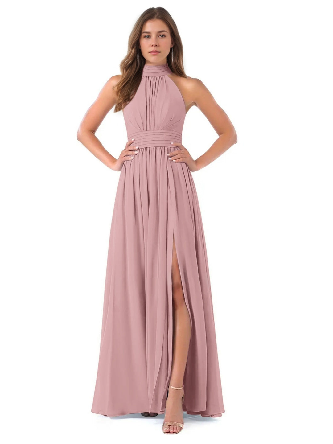 A-Line/Princess High Neck Sleeveless Ruched Floor-Length Pleated Bridesmaid Dresses with Bow & Slit