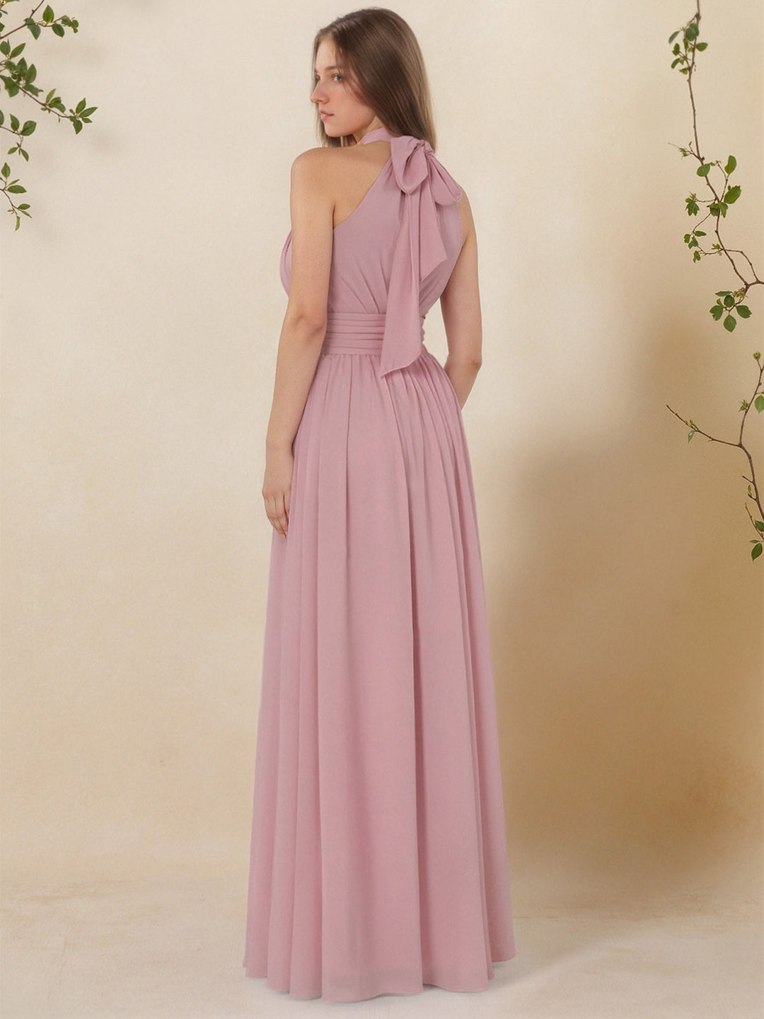 A-Line/Princess High Neck Sleeveless Ruched Floor-Length Pleated Bridesmaid Dresses with Bow & Slit