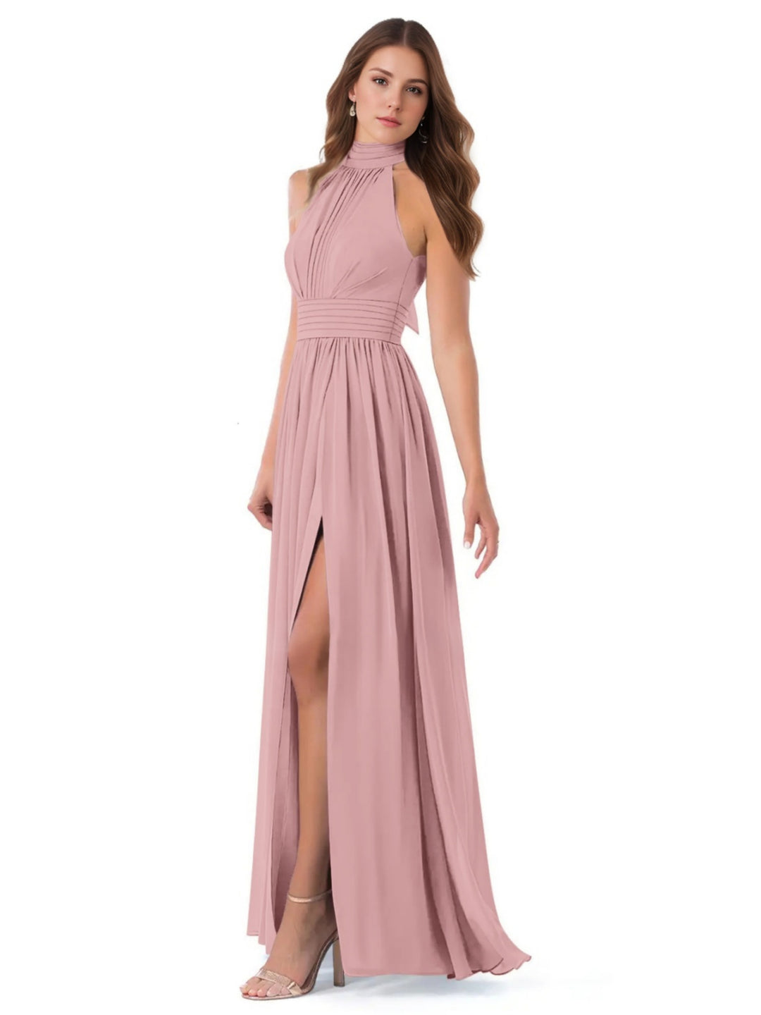 A-Line/Princess High Neck Sleeveless Ruched Floor-Length Pleated Bridesmaid Dresses with Bow & Slit