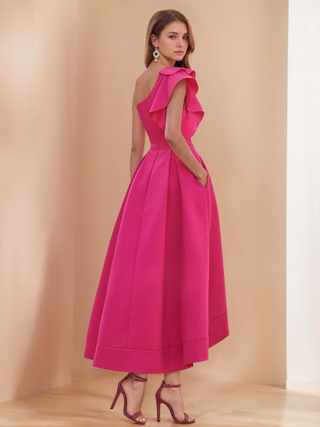 A-Line/Princess One-Shoulder Ruffled Sleeve Asymmetrical Pleated Bride - Mondressy A-Line/Princess One-Shoulder Ruffled Sleeve Asymmetrical Pleated Bride - Mondressy