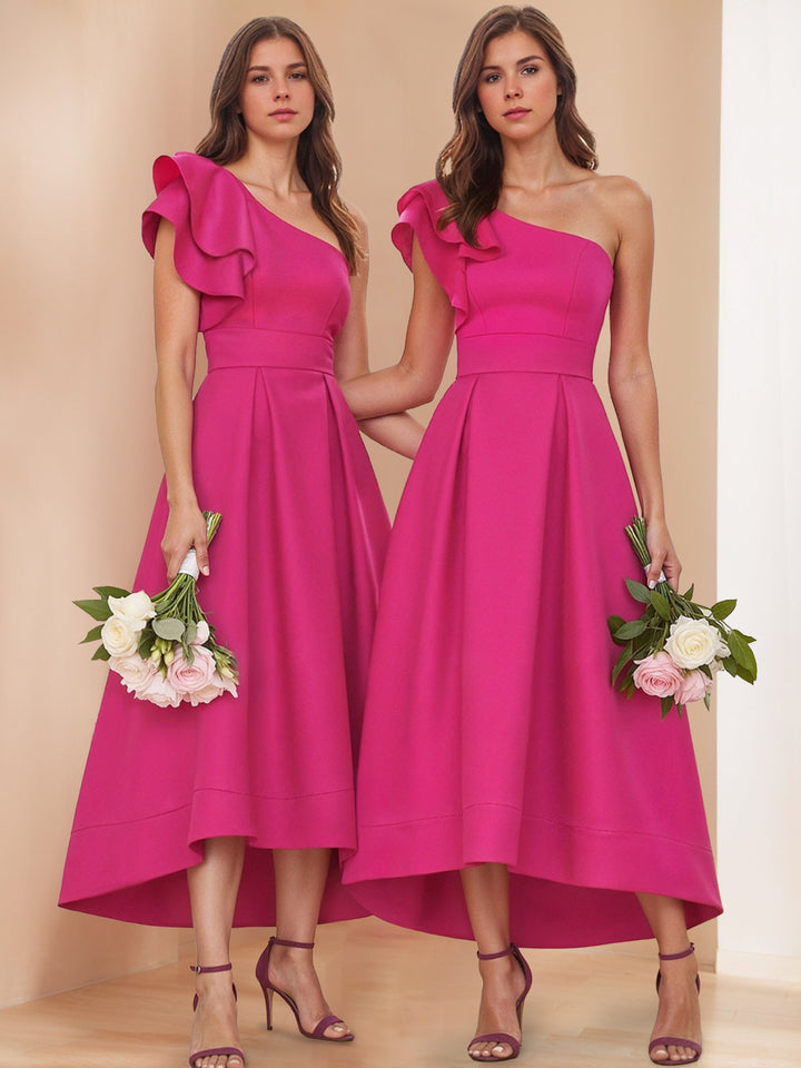 A-Line/Princess One-Shoulder Ruffled Sleeve Asymmetrical Pleated Bridesmaid Dresses with Pocket