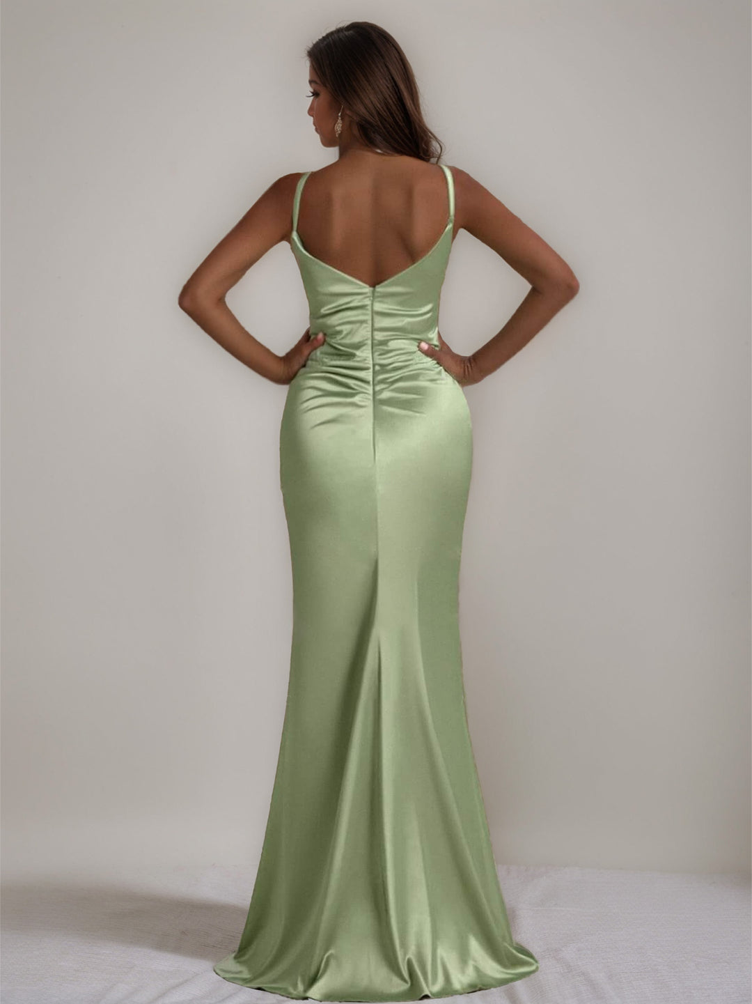 Trumpet/Mermaid Spaghetti Straps Sleeveless Ruched Floor-Length Bridesmaid Dresses with High Slit