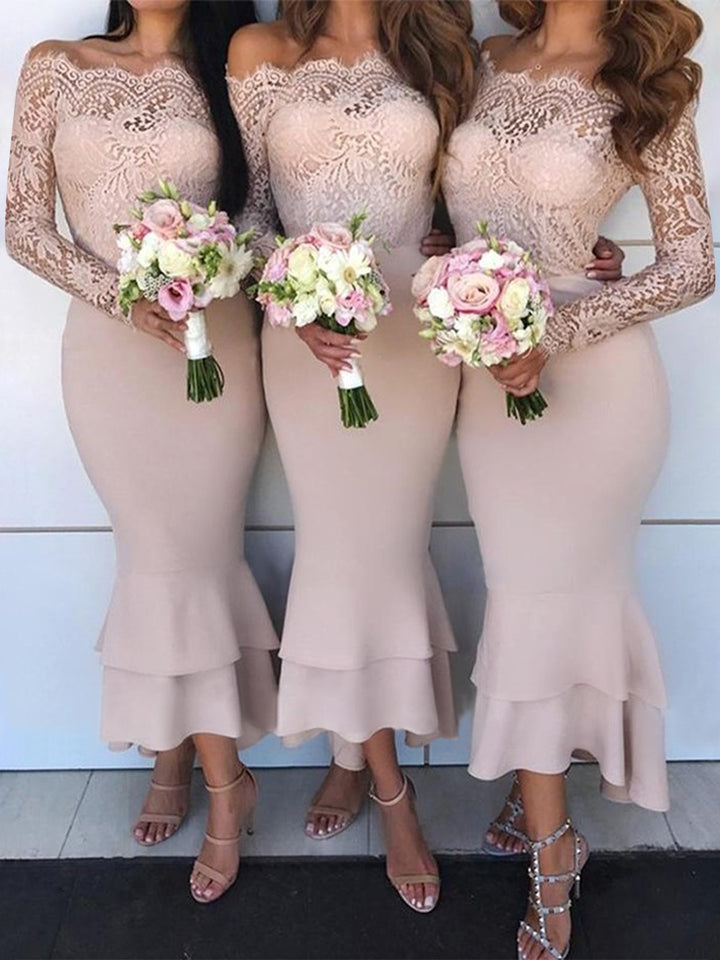 Trumpet/Mermaid Off-the-Shoulder Long Sleeves Asymmetrical Bridesmaid Dresses with Ruffles