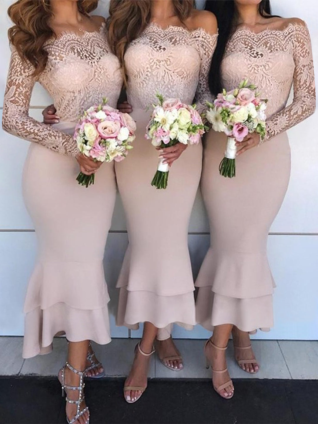 Trumpet/Mermaid Off-the-Shoulder Long Sleeves Asymmetrical Bridesmaid Dresses with Ruffles