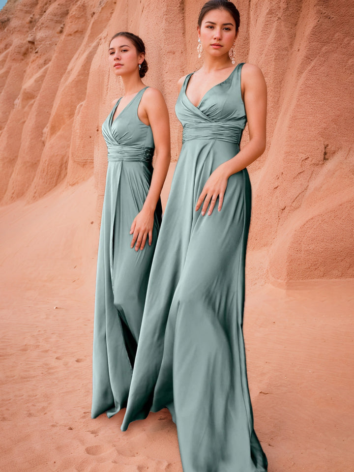 A-Line/Princess V-Neck Sleeveless Ruched Floor-Length Pleated Bridesmaid Dresses with Slit