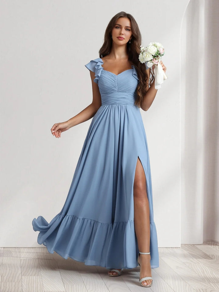 A-Line/Princess V-Neck Ankle-Length Bridesmaid Dresses With Ruffles & Split Side, Light Aqua