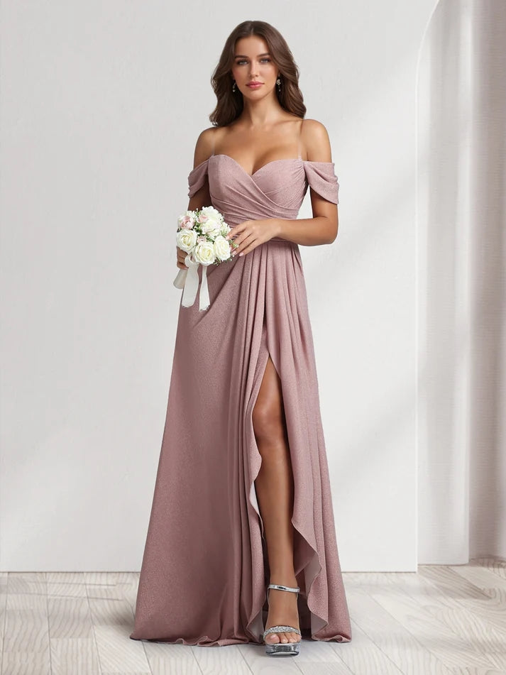 A-Line/Princess Off-the-Shoulder Floor-Length Ruched Bridesmaid Dresse - Mondressy A-Line/Princess Off-the-Shoulder Floor-Length Ruched Bridesmaid Dresse - Mondressy