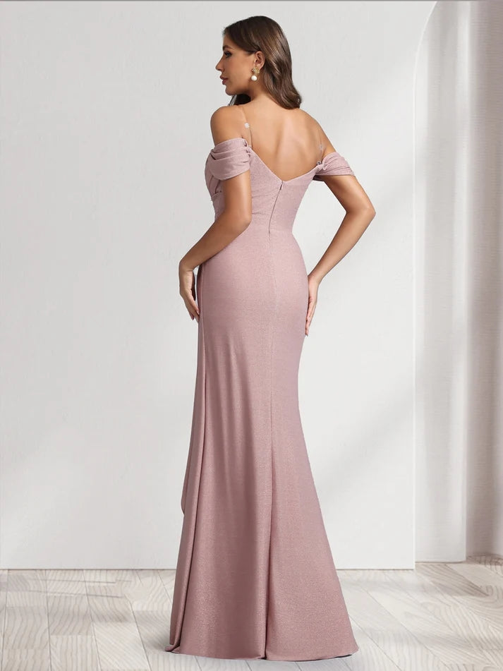 A-Line/Princess Off-the-Shoulder Floor-Length Ruched Bridesmaid Dresse - Mondressy A-Line/Princess Off-the-Shoulder Floor-Length Ruched Bridesmaid Dresse - Mondressy
