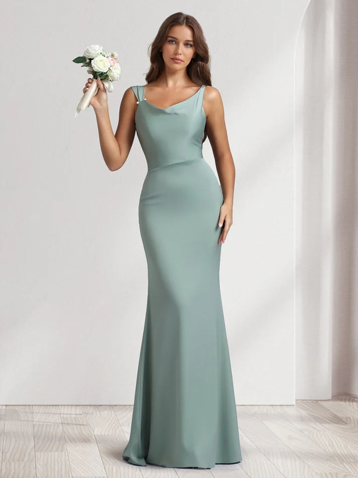 Sheath/Column Cowl Neck Floor-Length Bridesmaid Dresses with Beadings