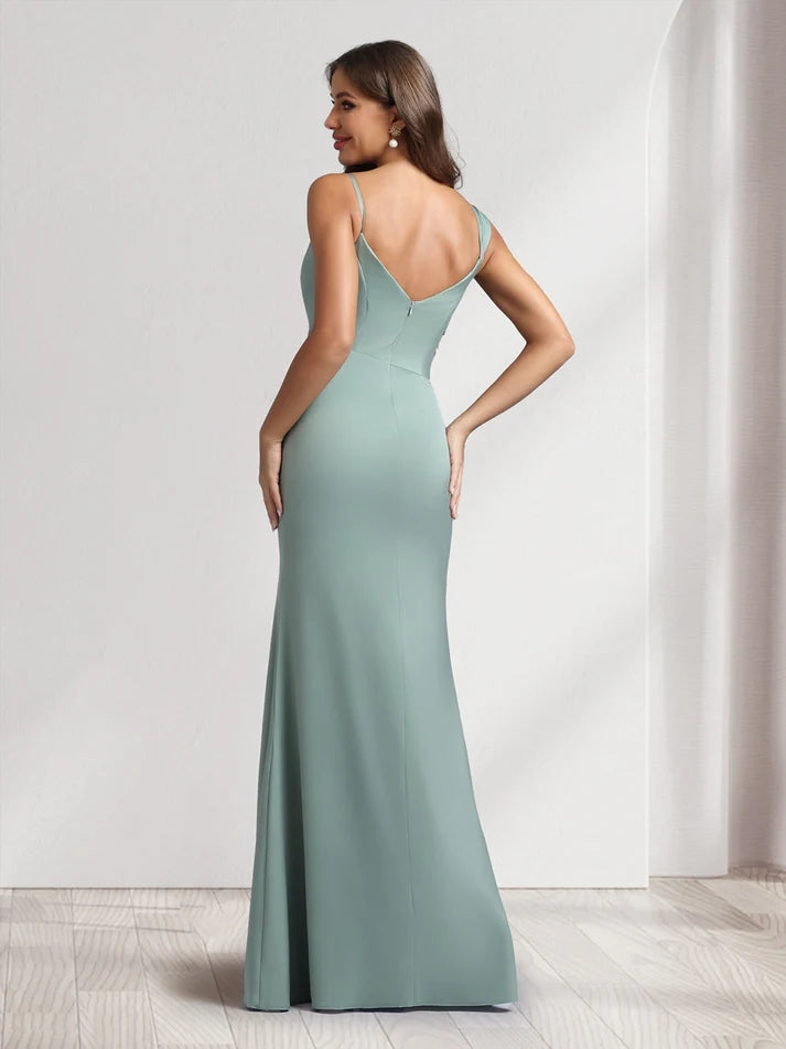 Sheath/Column Cowl Neck Floor-Length Bridesmaid Dresses with Beadings