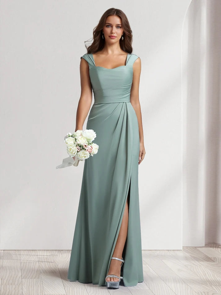 Sheath/Column Square Neck Long Ruched Bridesmaid Dresses with Split Side