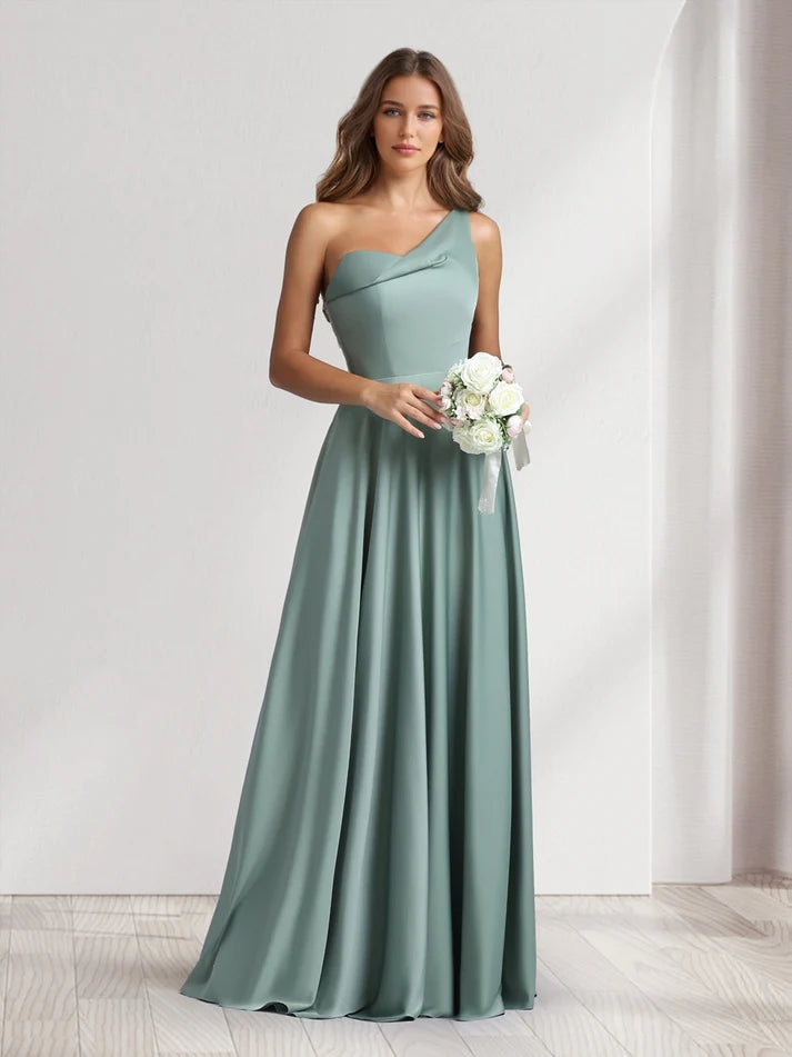 A-Line/Princess One-Shoulder Floor-Length Bridesmaid Dresses With Pockets, Sage A-Line/Princess One-Shoulder Floor-Length Bridesmaid Dresses With Pockets, Sage