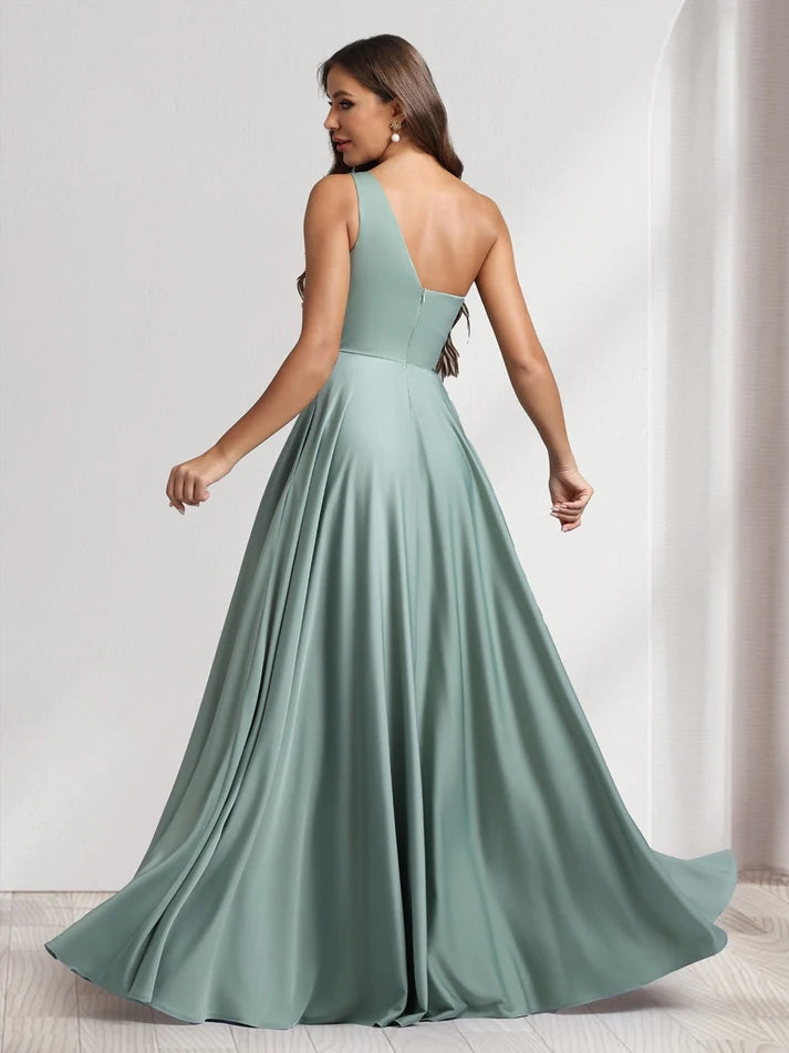 A-Line/Princess One-Shoulder Floor-Length Bridesmaid Dresses with Pockets, Sage A-Line/Princess One-Shoulder Floor-Length Bridesmaid Dresses with Pockets, Sage