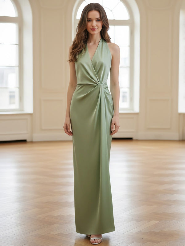 Sheath/Column Halter Silk Satin Bridesmaid Dresses Sleeveless Floor-Length Ruched