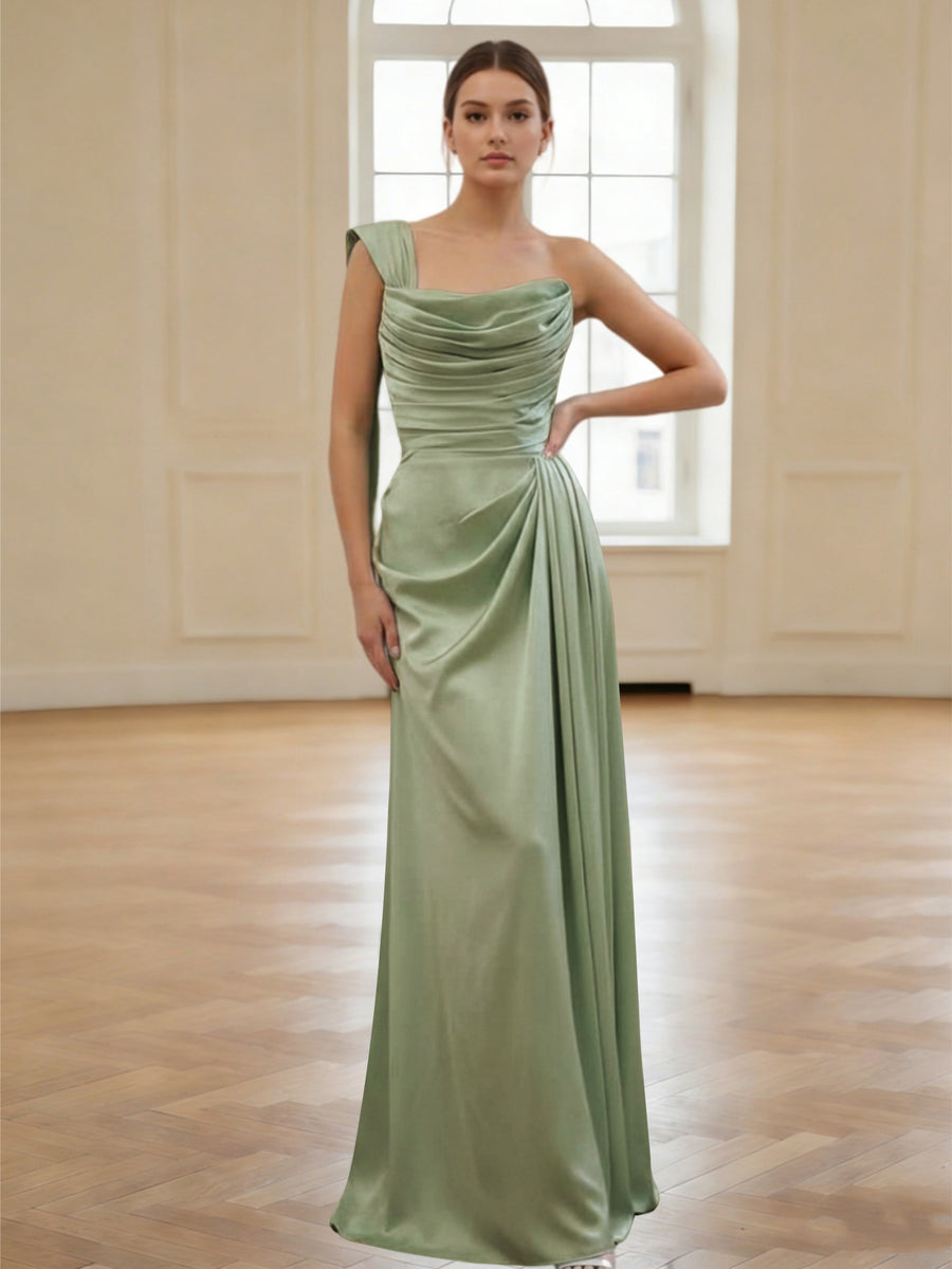 Sheath/Column One-Shoulder Silk Satin Bridesmaid Dresses Sleeveless Floor-Length Ruched, Sage