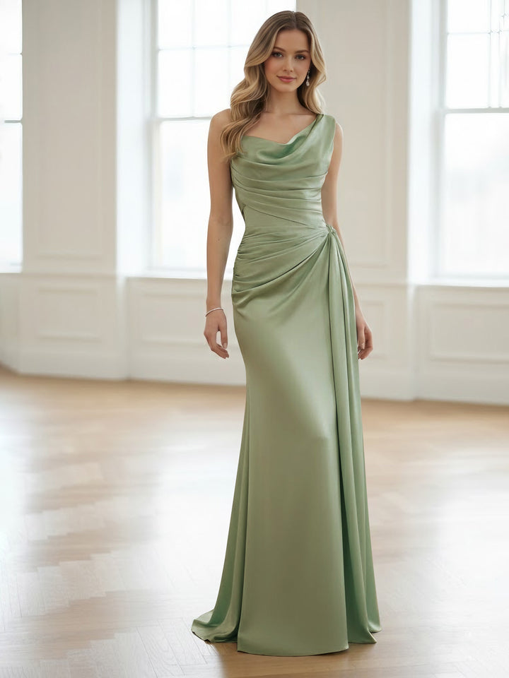 Sheath/Column One-Shoulder Bridesmaid Dresses Silk Satin Sleeveless Ruched Floor-Length, Sage