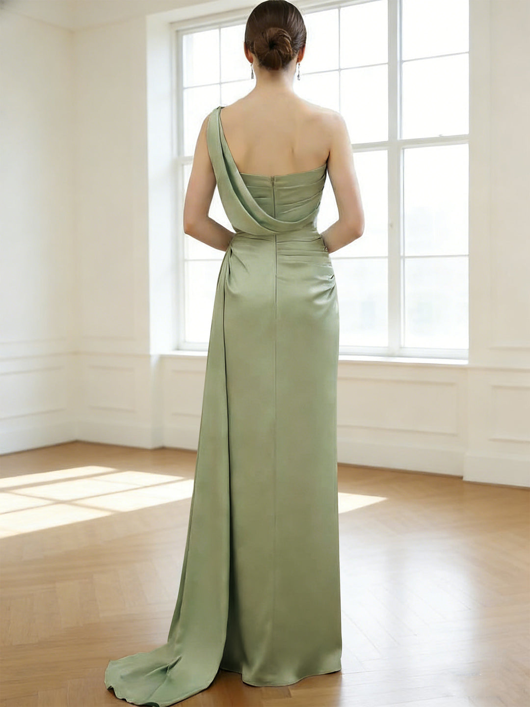 Sheath/Column One-Shoulder Bridesmaid Dresses Silk Satin Sleeveless Ruched Floor-Length
