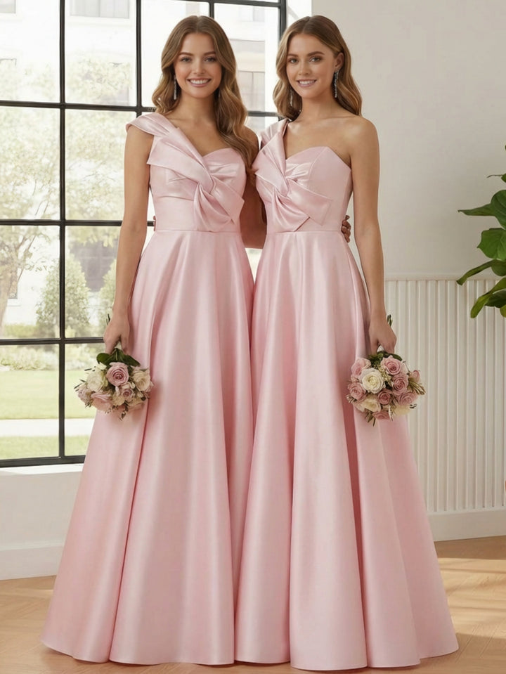 A-Line/Princess One-Shoulder Satin Bridesmaid Dresses Sleeveless Floor-Length Ruched Bowknot