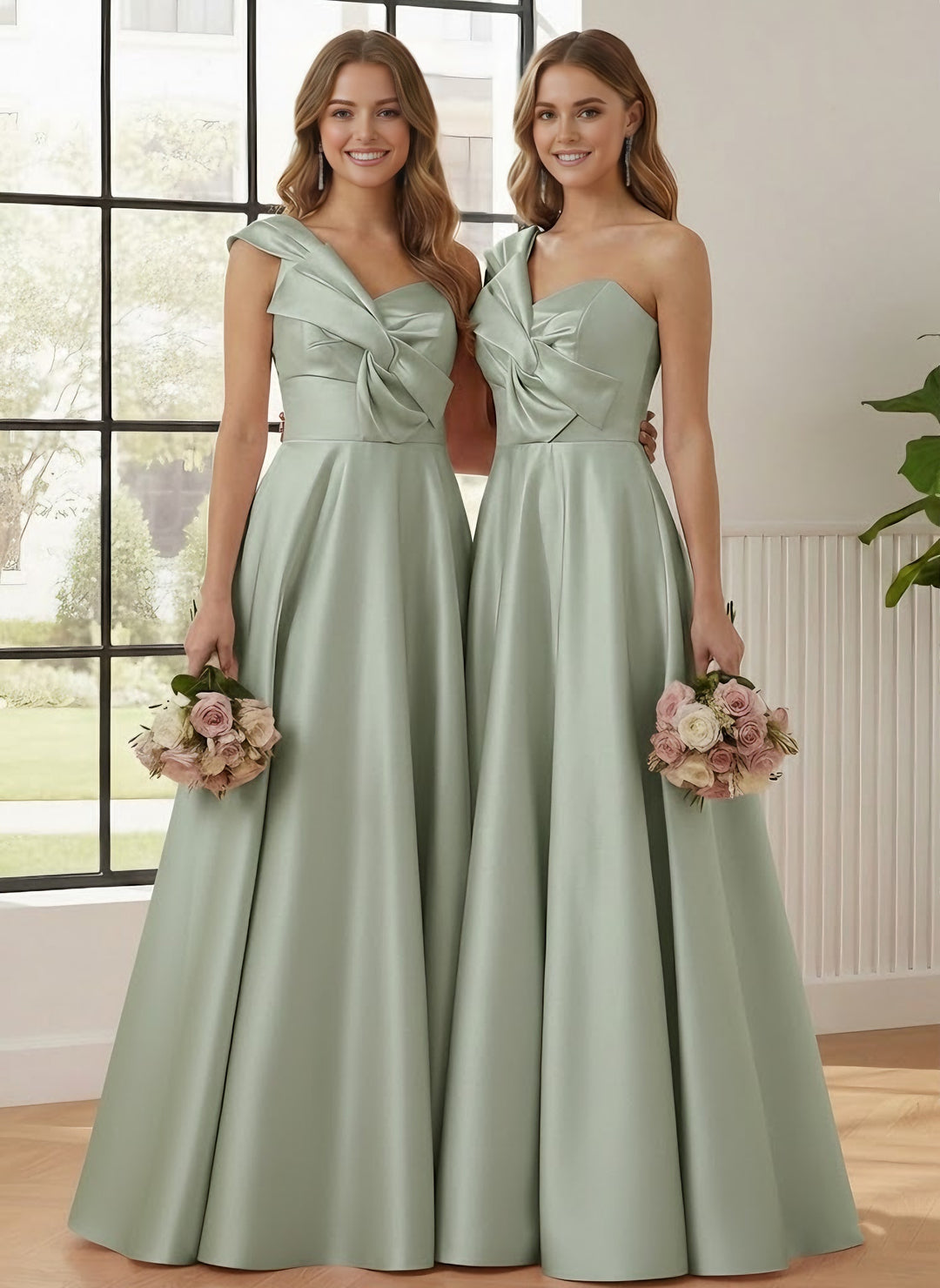 A-Line/Princess One-Shoulder Satin Bridesmaid Dresses Sleeveless Floor-Length Ruched Bowknot