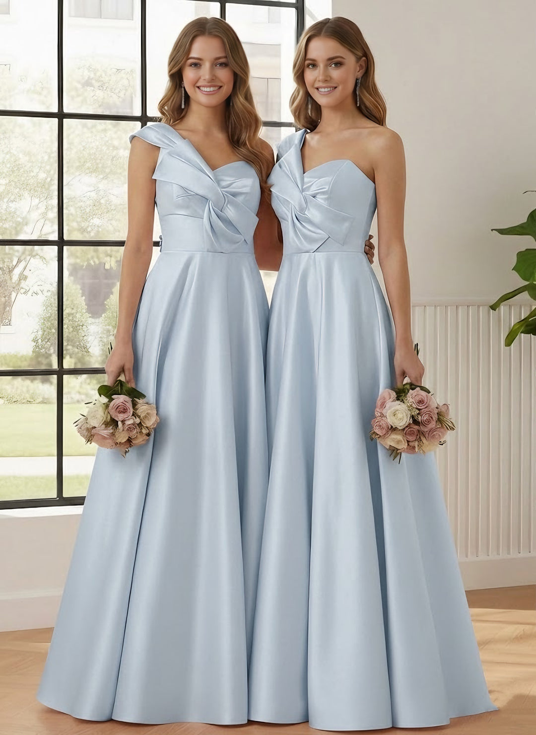 A-Line/Princess One-Shoulder Satin Bridesmaid Dresses Sleeveless Floor-Length Ruched Bowknot