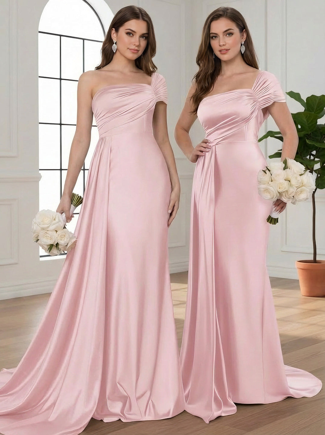 Trumpet/Mermaid One-Shoulder Bridesmaid Dresses with Watteau Train Silk Satin Sleeveless Floor-Length