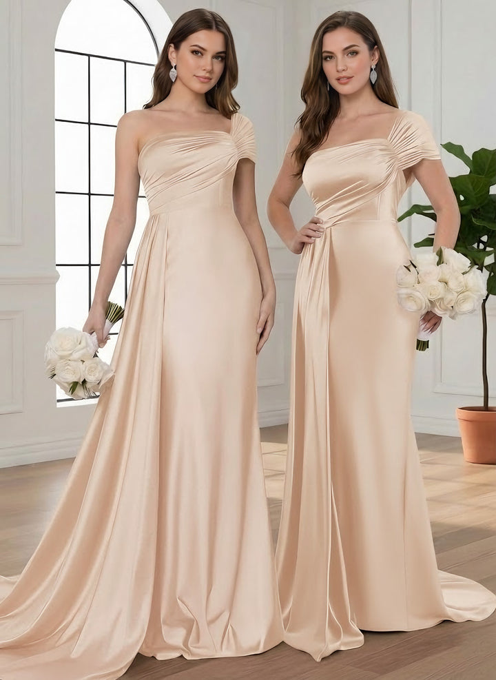 Trumpet/Mermaid One-Shoulder Bridesmaid Dresses with Watteau Train Silk Satin Sleeveless Floor-Length