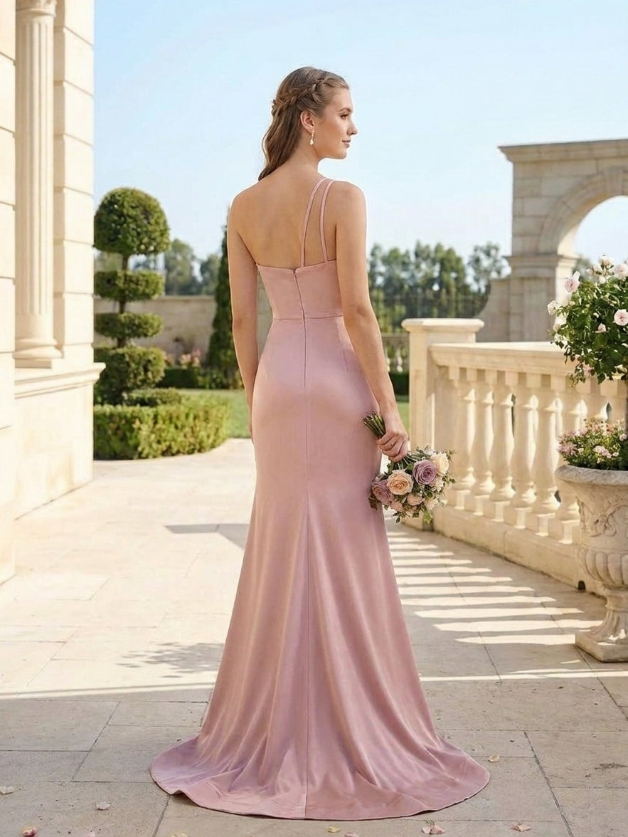 Trumpet/Mermaid One-Shoulder Bridesmaid Dresses With Sweep Train&High Split Silk Satin Sleeveless Floor-Length, As Pic