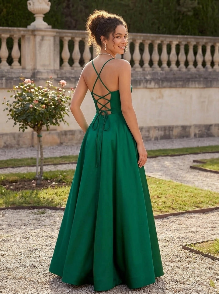 A-Line/Princess Square Neckline Satin Bridesmaid Dresses Sleeveless Floor-Length With Bow, As Pic