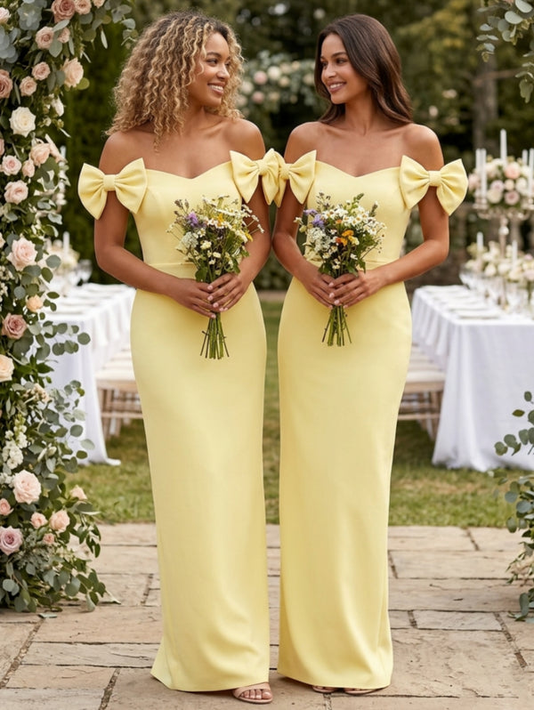 Sheath/Column Satin Off-the-Shoulder Bridesmaid Dresses with Bowknot Sleeveless Floor-Length