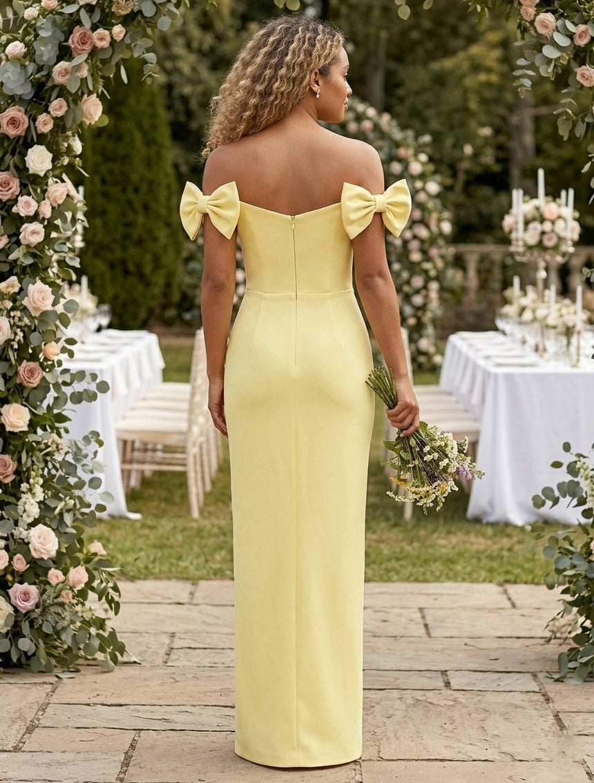 Sheath/Column Satin Off-the-Shoulder Bridesmaid Dresses with Bowknot Sleeveless Floor-Length