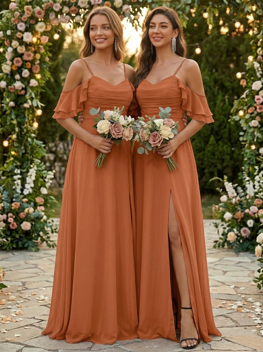 A-Line/Princess Spaghetti Straps Chiffon Bridesmaid Dresses with Split Side Short Sleeves Floor Length