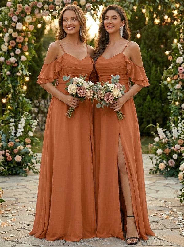 A-Line/Princess Spaghetti Straps Chiffon Bridesmaid Dresses with Split Side Short Sleeves Floor Length