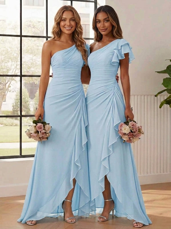 A-Line/Princess One-Shoulder Chiffon Bridesmaid Dresses Short Sleeve Asymmetrical Floor Length Ruffles