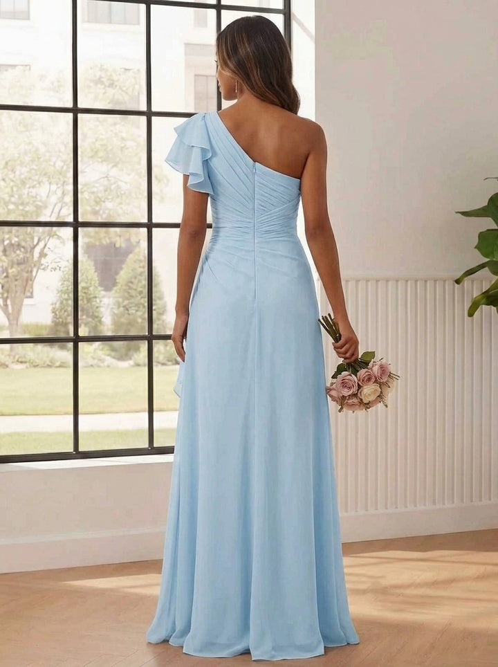 A-Line/Princess One-Shoulder Chiffon Bridesmaid Dresses Short Sleeve Asymmetrical Floor Length Ruffles
