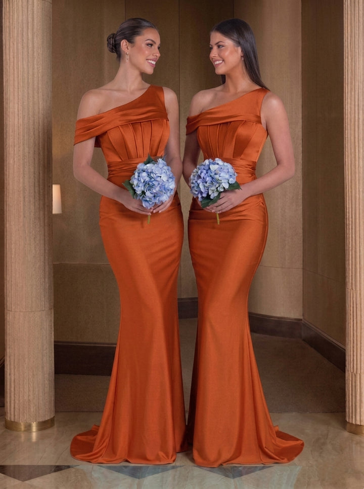 Trumpet/Mermaid Silk Satin One-Shoulder Bridesmaid Dresses Sleeveless Floor-Length Ruched