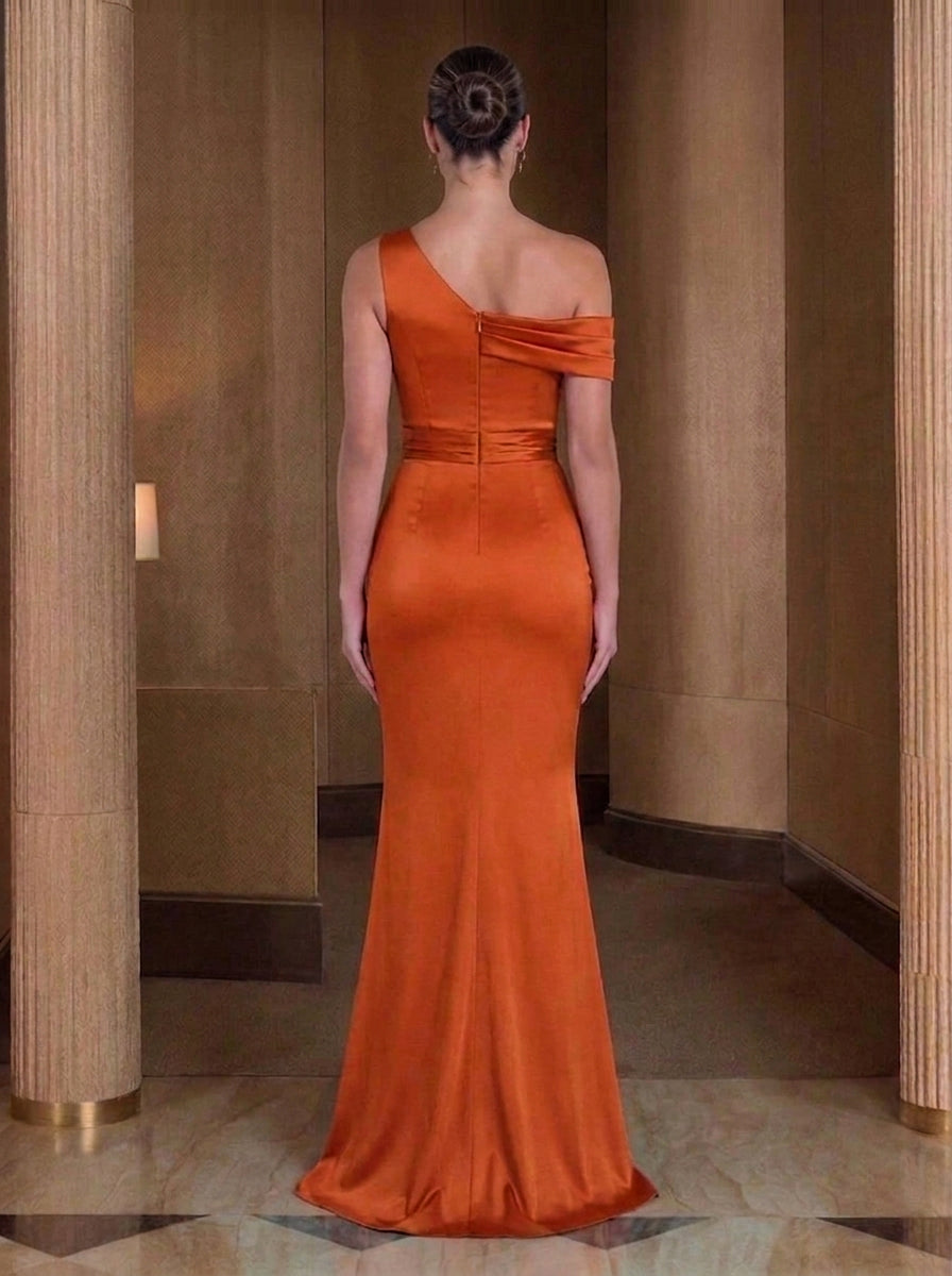 Trumpet/Mermaid Silk Satin One-Shoulder Bridesmaid Dresses Sleeveless Floor-Length Ruched