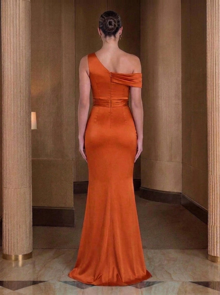 Trumpet/Mermaid Silk Satin One-Shoulder Bridesmaid Dresses Sleeveless Floor-Length Ruched