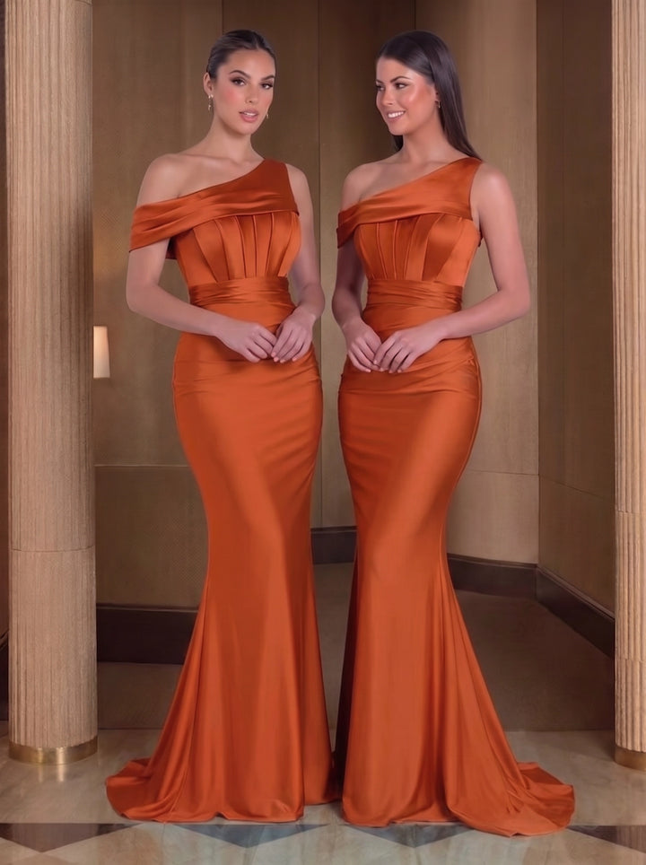 Trumpet/Mermaid Silk Satin One-Shoulder Bridesmaid Dresses Sleeveless Floor-Length Ruched