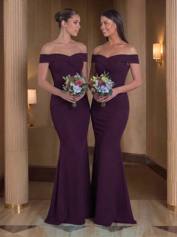 Trumpet/Mermaid Off-the-Shoulder Bridesmaid Dresses Stretch Satin Sleeveless Floor-Length Ruched