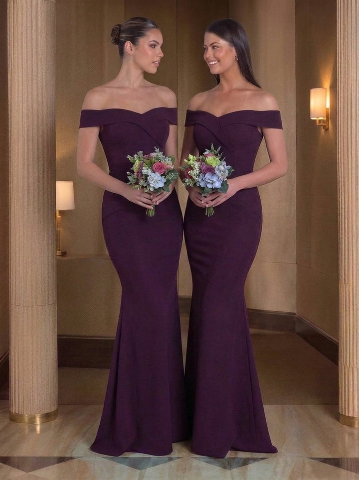 Trumpet/Mermaid Off-the-Shoulder Bridesmaid Dresses Stretch Satin Sleeveless Floor-Length Ruched