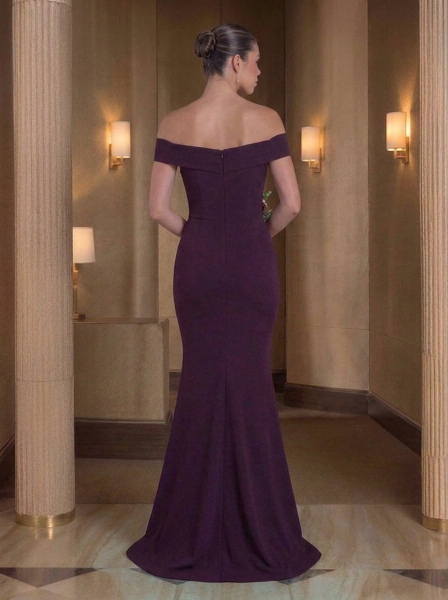 Trumpet/Mermaid Off-the-Shoulder Bridesmaid Dresses Stretch Satin Sleeveless Floor-Length Ruched