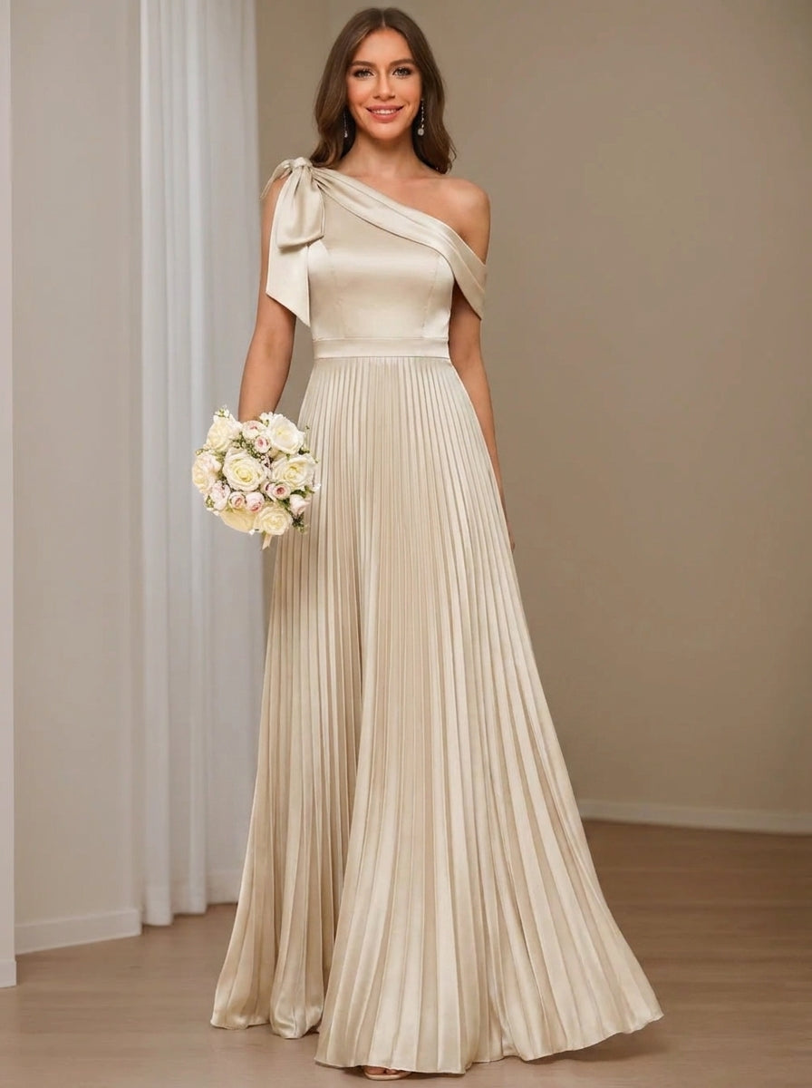 A-Line/Princess Silk Satin One-Shoulder Bridesmaid Dresses with Bowknot Sleeveless Floor-Length Pleated