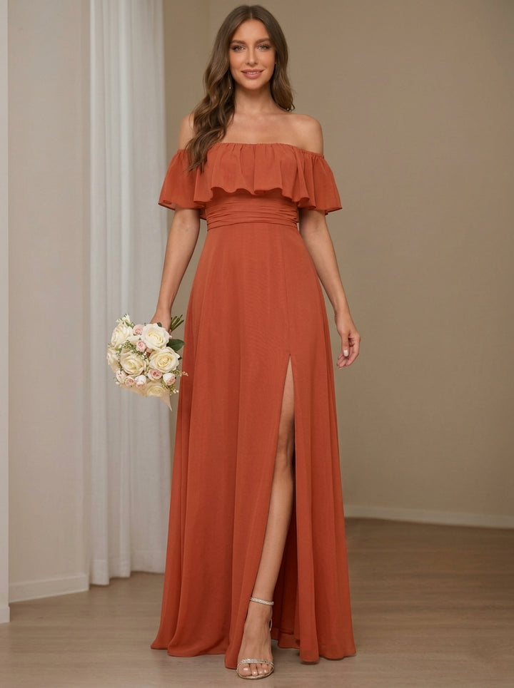 A-Line/Princess Off-the-Shoulder Chiffon Bridesmaid Dresses with Split Side Sleeveless Floor-Length Ruched