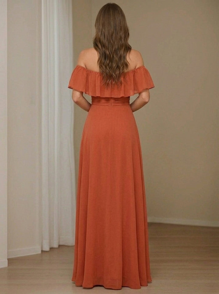 A-Line/Princess Off-the-Shoulder Chiffon Bridesmaid Dresses with Split Side Sleeveless Floor-Length Ruched