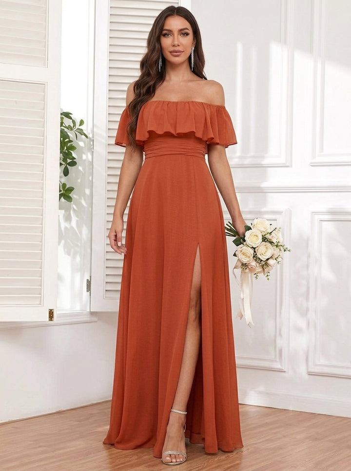 A-Line/Princess Off-the-Shoulder Chiffon Bridesmaid Dresses with Split Side Sleeveless Floor-Length Ruched